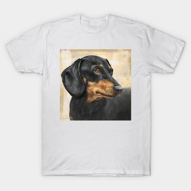 Painting of a Dachshund with Black and Gold Coat, on Beige Background T-Shirt by ibadishi